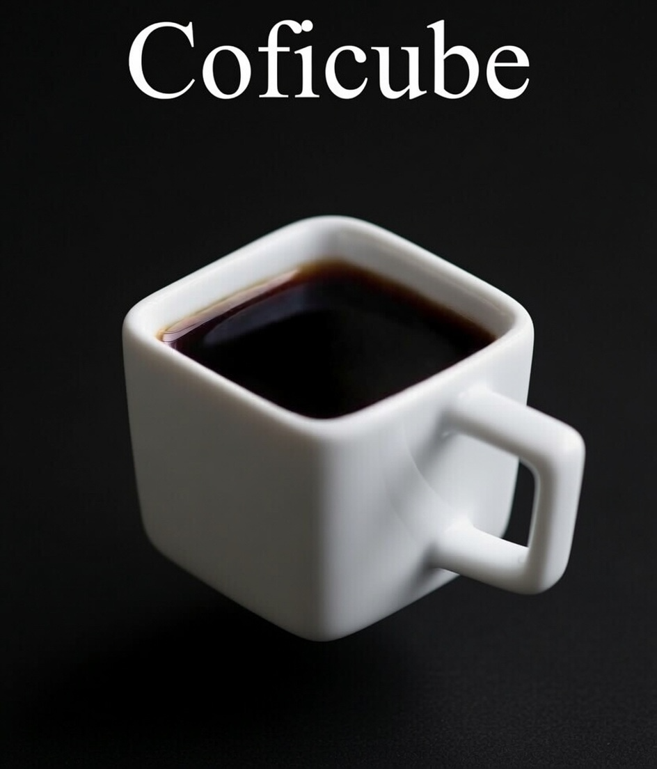 Coficube — a cube-shaped coffee mug filled with black coffee